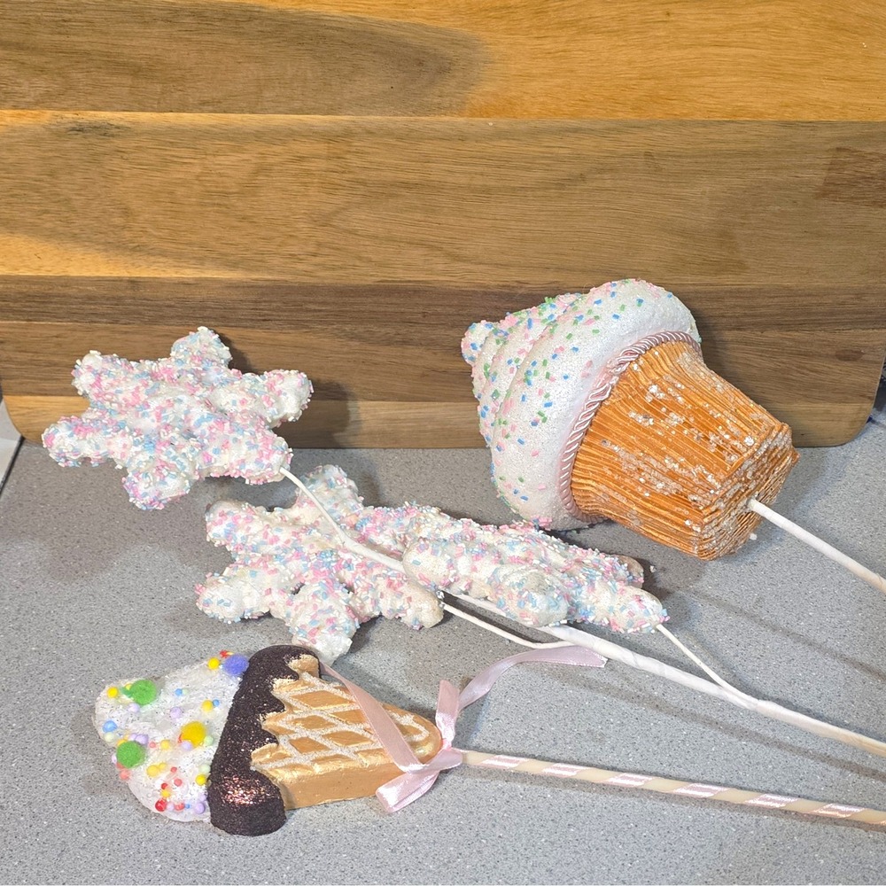 3 Glitter Christmas Ornament Picks Snowflake Cupcake Ice Cream Cone, Candyland
